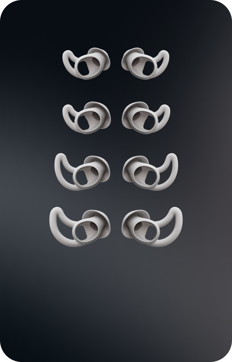 Adaptable siliconetips create a secure,personalized seal.